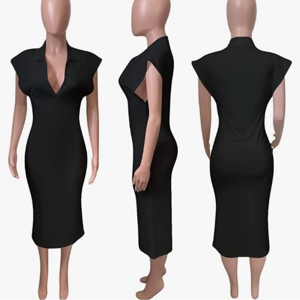 New XXL GEMEIQ black Casual Sexy V Neck Sleeveless Turn Down Collar dress